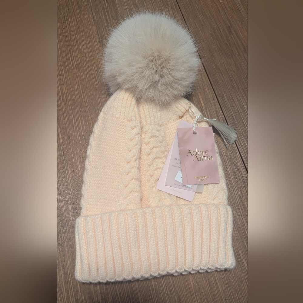 Adore Alma Cream Knit Beanie with Pom Pom
